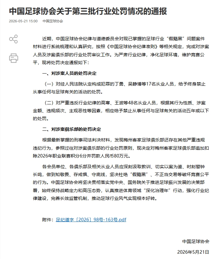 足坛假赌黑第三批处罚名单：丁勇等17人终身禁足！追加扣梅州6分插图