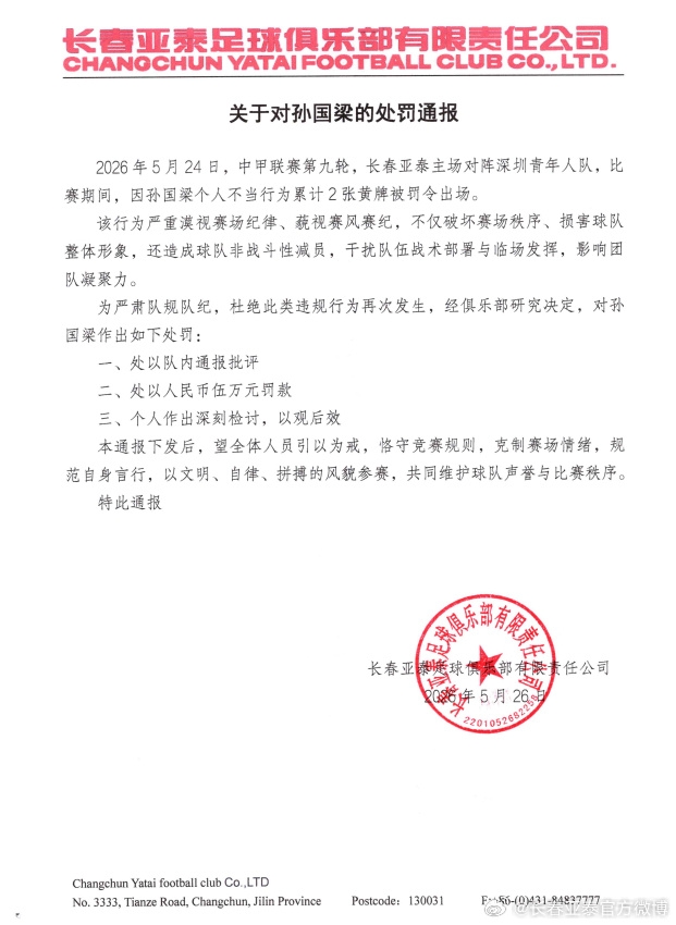 怒喷裁判被连出2黄罚下!亚泰官方:对孙国梁罚款5万元,通报批评插图 怒喷裁判被连出2黄罚下!亚泰官方:对孙国梁罚款5万元,通报批评插图