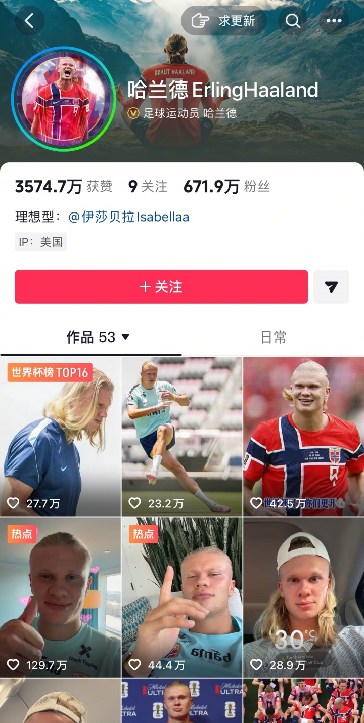 哈宝疯狂吸粉！哈兰德生涯首届世界杯，ins涨粉1800万抖音670万插图5
